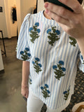 Striped Blue Top w/ Embroidered Flowers