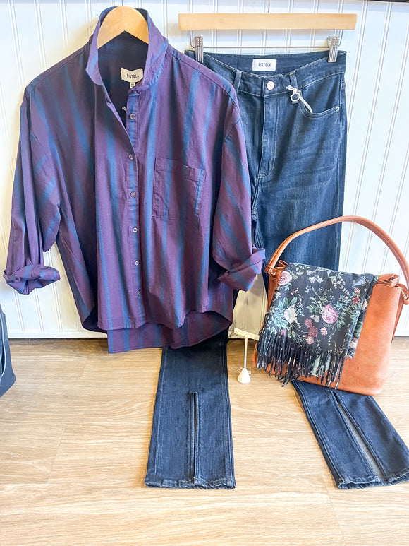 Navy/Aubergine Striped Button Down