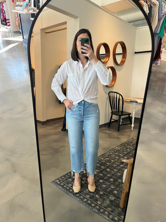 White Twist Front Button Down
