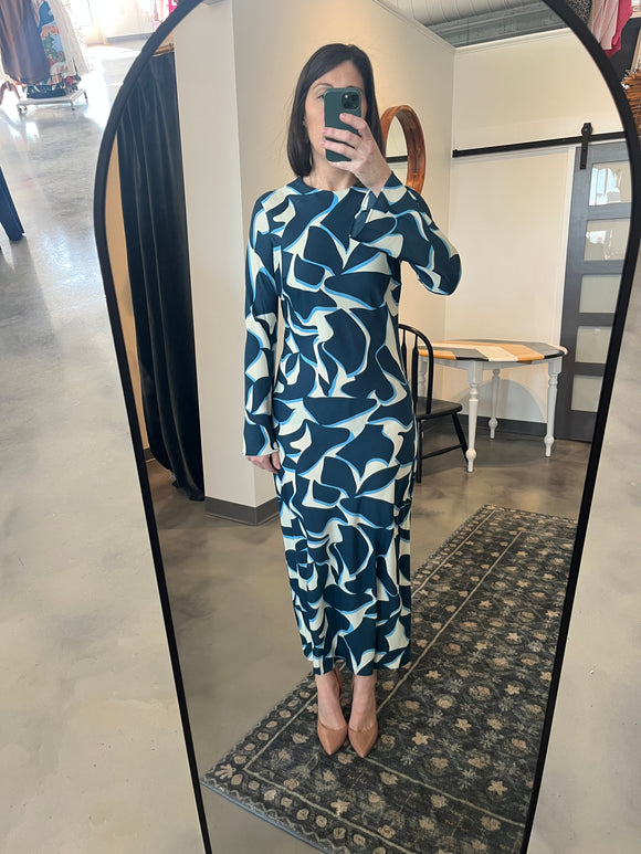 Blue Geo Print Long Sleeve Maxi Dress