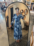 Blue Shirred Surplice Faux Twist Dress