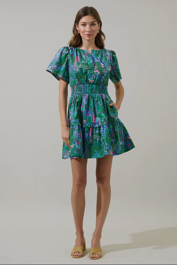 Green Print Short Sleeve Mini Dress