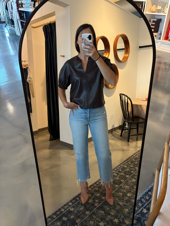 Brown Faux Leather Split Neck Top