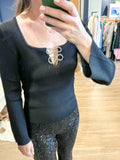 Black Ribbed Knit w/ Rhinestone Bows