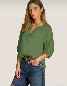 Green Short Sleeve Split Neck Blouse