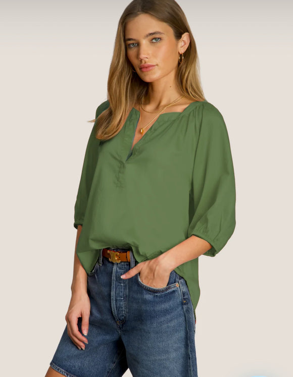 Green Short Sleeve Split Neck Blouse