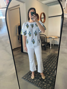 Striped Blue Top w/ Embroidered Flowers