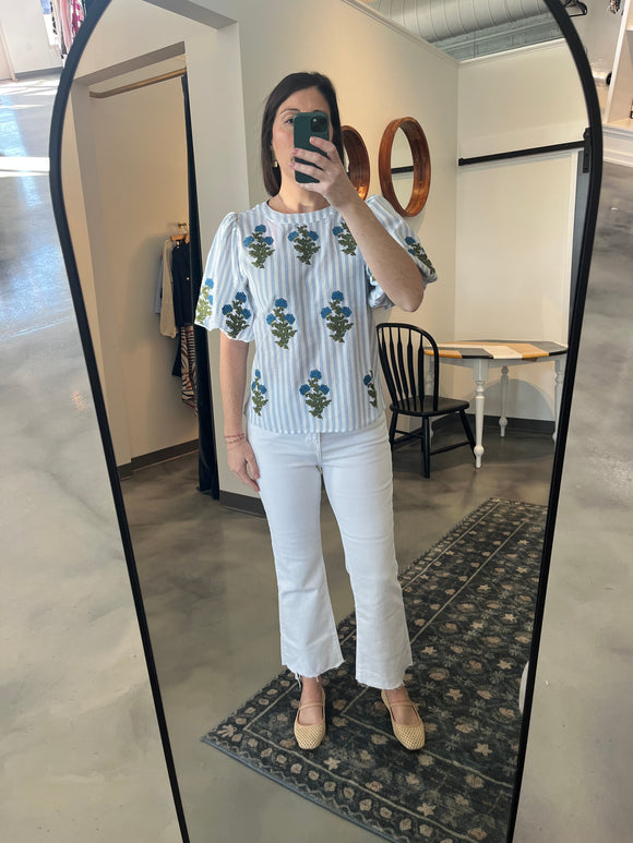 Striped Blue Top w/ Embroidered Flowers