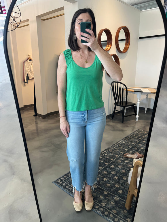 Green Shirred Strap Tank