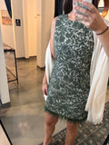 Green Jacquard Dress w/ Feather Hem