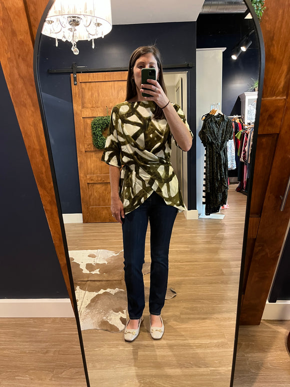 Olive Print Wrap Blouse