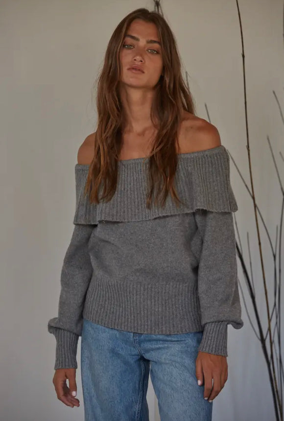 Grey Ruffle Off the Shoulder Sweater
