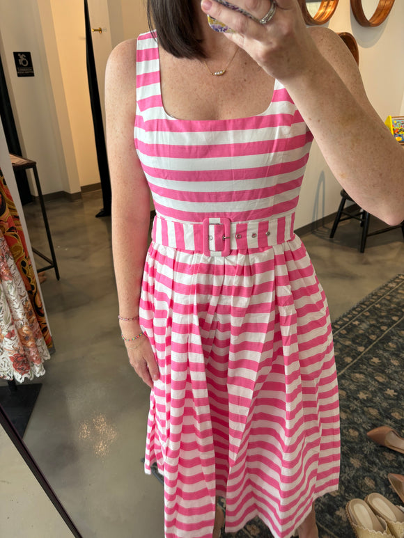 Pink Stripe Midi Dress w/ Belt