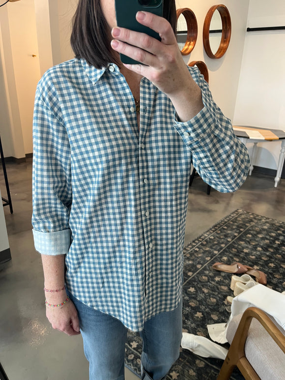 Lt Blue Gingham Knit Button Down