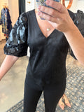 Black Faux Suede Leather Puff Sleeve Top