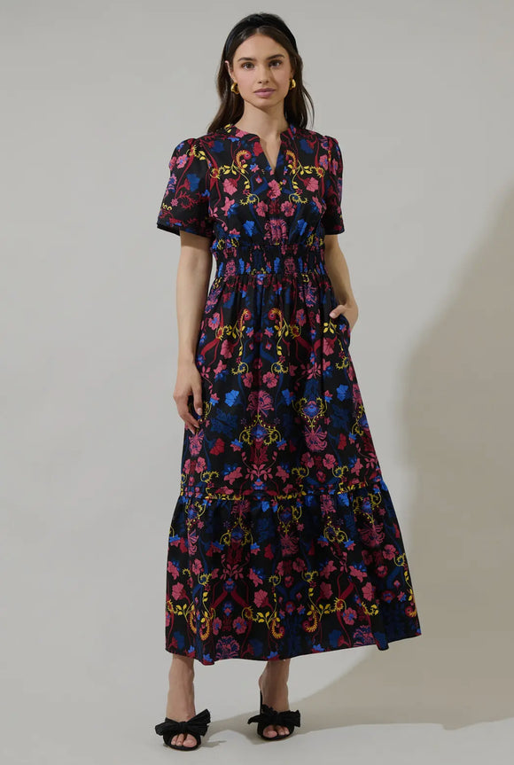 Black Print Short Sleeve Maxi