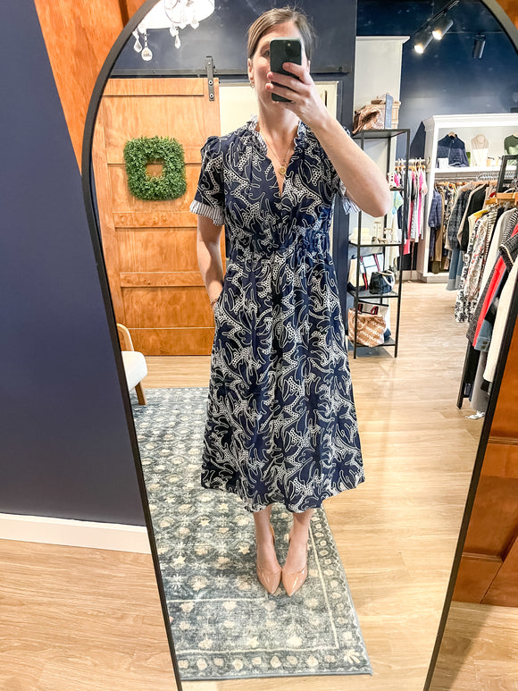 Navy Embroidered Spli Neck Midi Dress