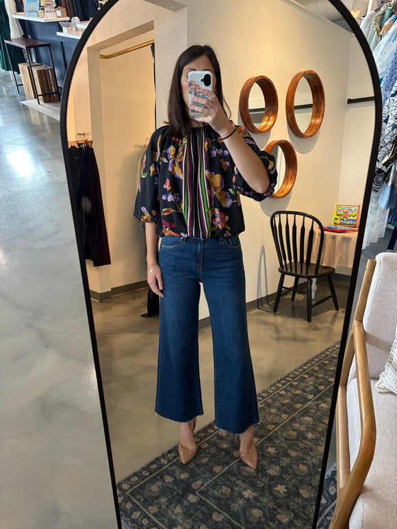 Black Floral Print Puff Sleeve Blouse