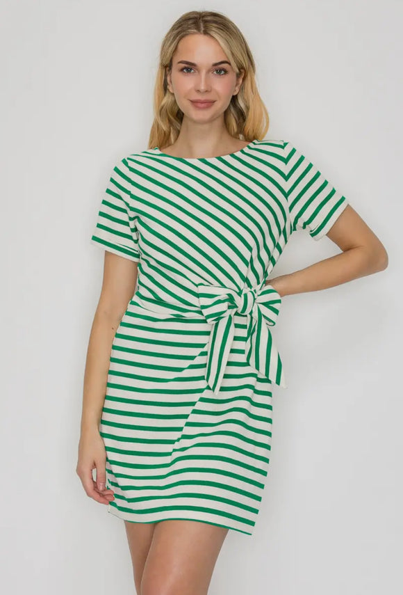 Green Striped Side Tie Dress