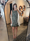 Green Jacquard Dress w/ Feather Hem