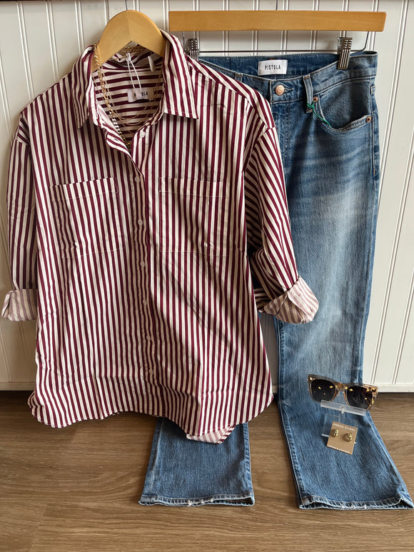 Ivory/Bordeaux Striped Oversized Button Down