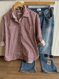 Ivory/Bordeaux Striped Oversized Button Down