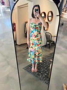 Multi Floral Silky Drape Neck Dress