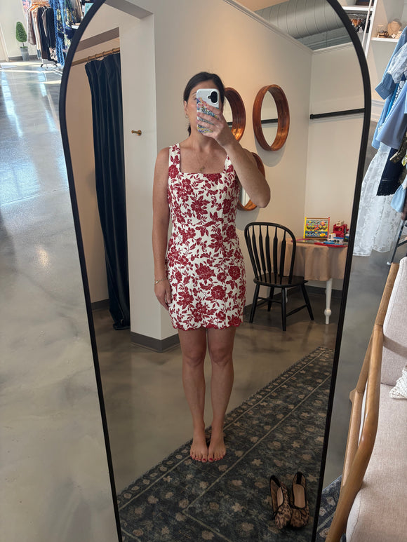 Red Floral Scallop Edge Mini Dress