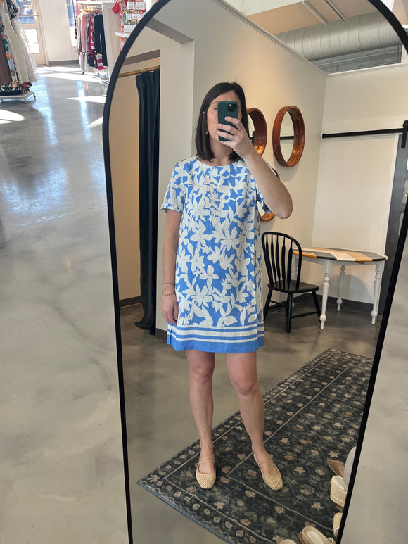 Blue Print Short Sleeve Shift Dress