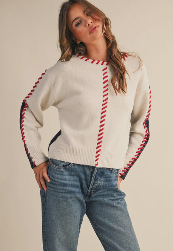 Ivory/Navy Whipstitch Sweater