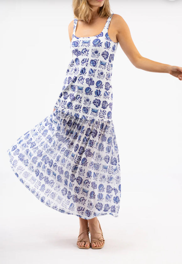 Tidal Tile Print Dress w/ Chiffon Bottom