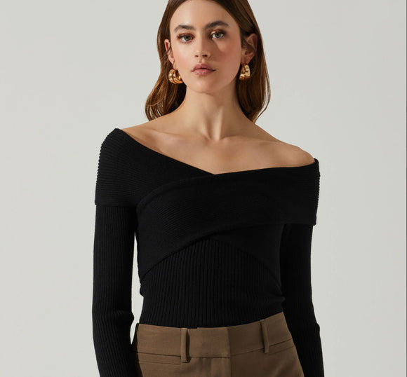 Black Ribbed Crossover Sweater