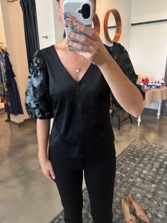 Black Faux Suede Leather Puff Sleeve Top