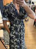 Navy Embroidered Spli Neck Midi Dress