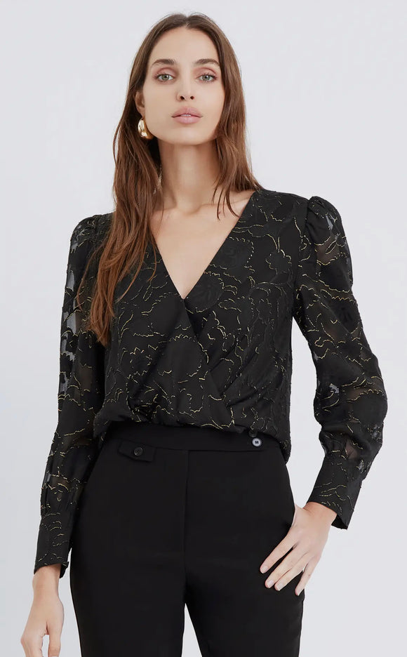 Black & Gold Surplice Burnout Blouse