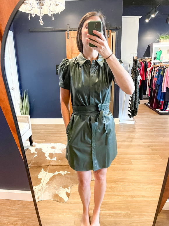 Green Faux Leather Tie Waist Dress