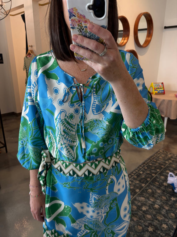 Blue Satin Print Band Waist Blouse