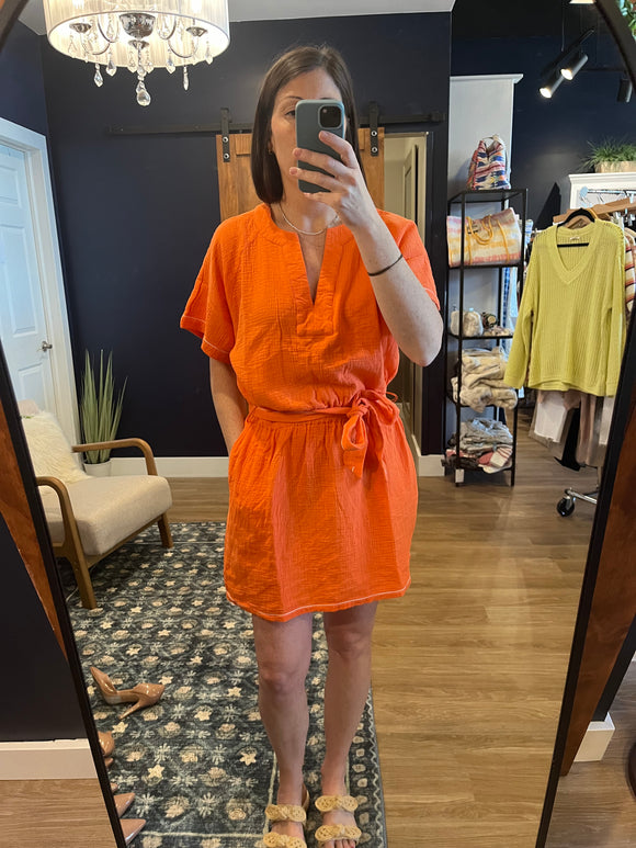 Orange Belted Split Neck Dress