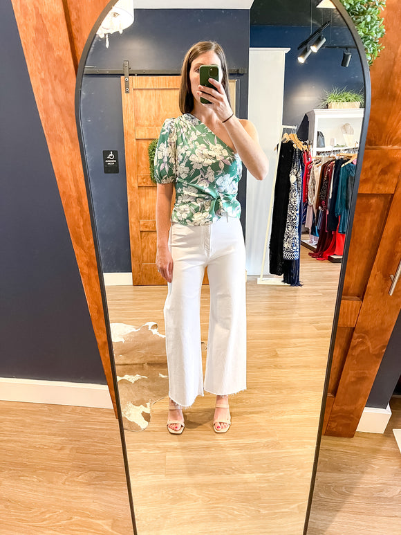 Green Luau Print One Shoulder Top