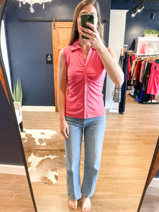 Rose Button Ruched Collared Top