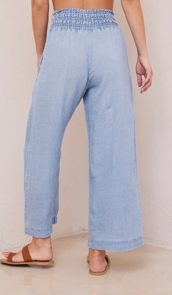 Chambray Smocked Waist Wide Leg Pant