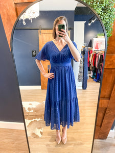 Blue Flutter Sleeve Textured Midi Dress