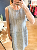 Black Striped Linen Drawstring Dress