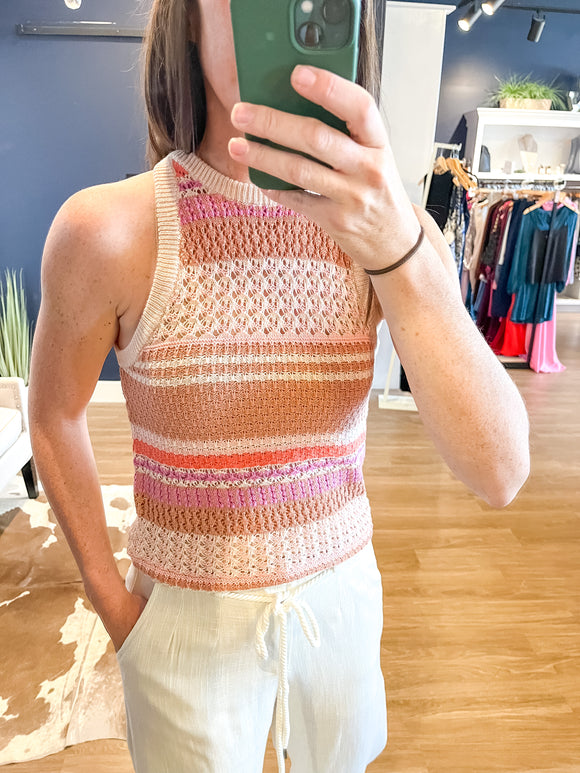 Pink Striped Crochet Tank