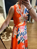 Orange Print Collar Wrap Dress