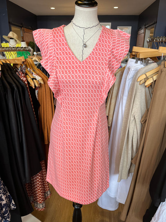 Pink Links Jacquard Ruffle Shoulder Dress
