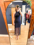 Navy Halter Knit Fringe Bottom Dress