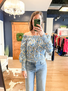 Blue Ditsy Floral Off The Shoulder Blouse