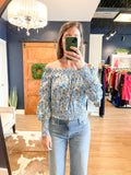 Blue Ditsy Floral Off The Shoulder Blouse