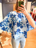 Blue Floral Flutter Sleeve Blouse
